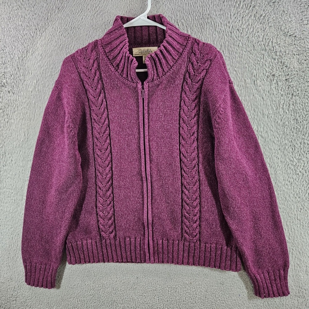 Cabelas Womens 2XL Purple Cable Knit Full Zip Cotton Cardigan Sweater